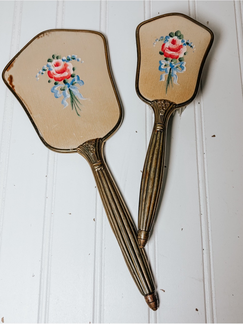 Vintage Hand Painted Floral Hand Mirror and Brash Set | Antique Vanity